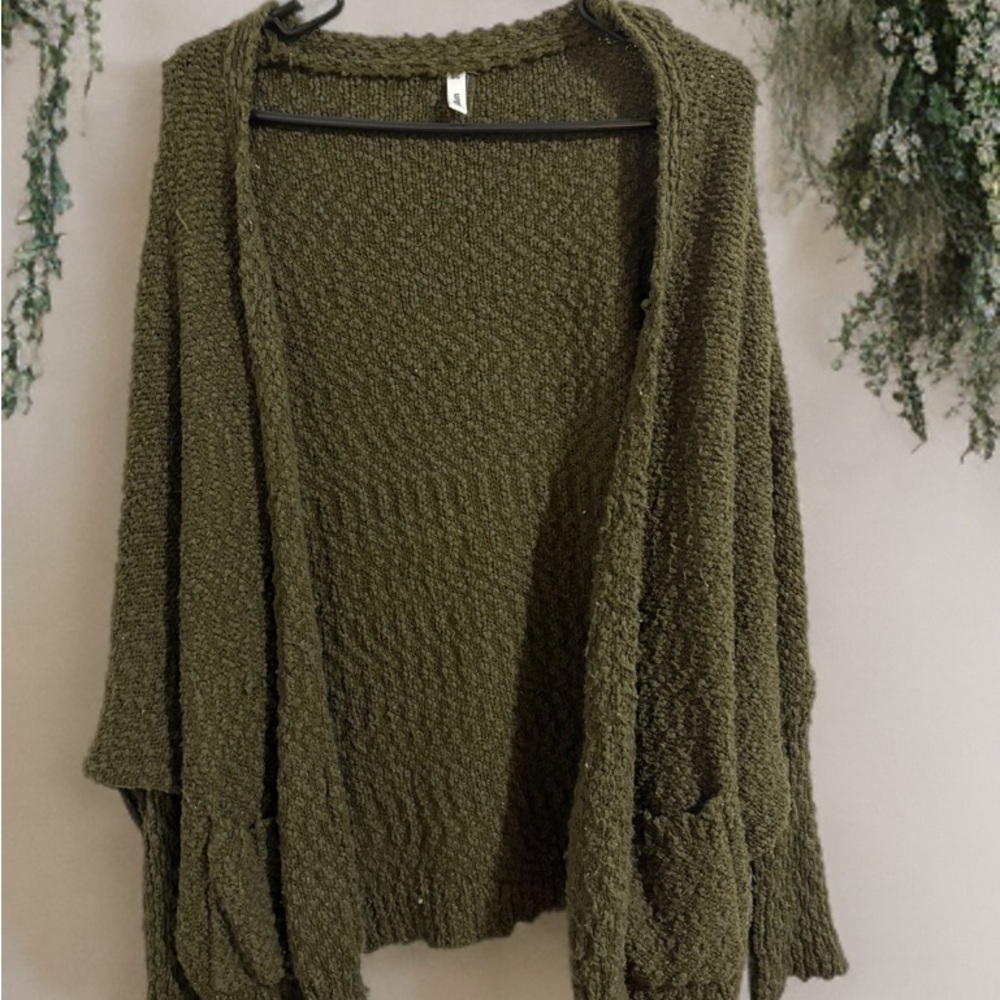 glam Olive Green Open-Front Knit Cardigan